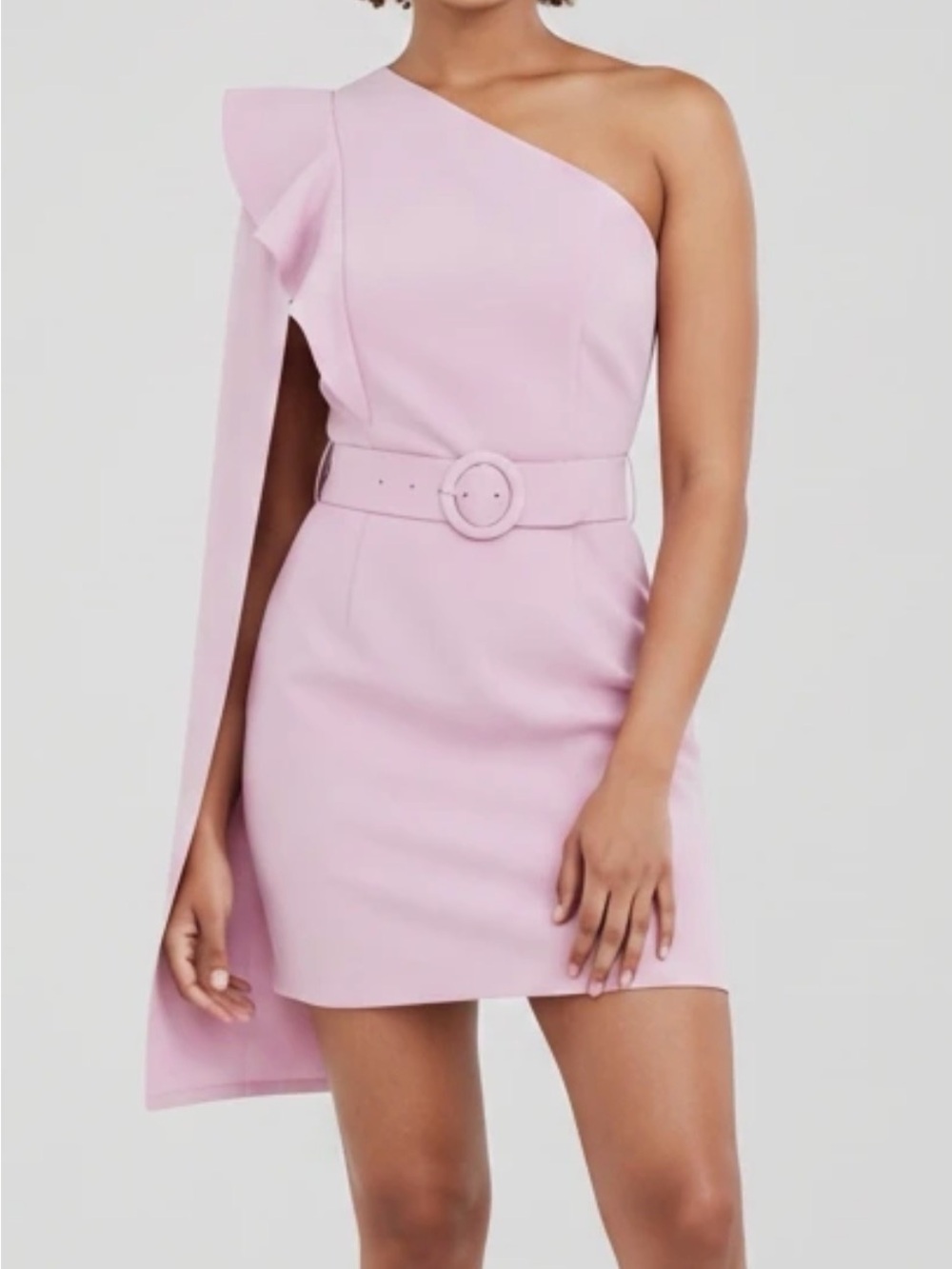 Lavish Alice One-Shoulder Belted Mini Dress in Pale Pink